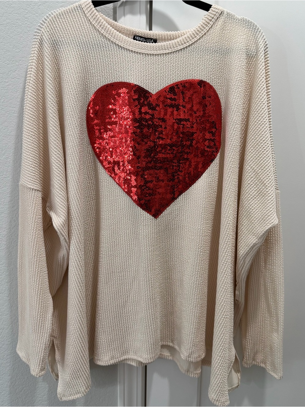 HEIMISH USA Valentine Oversized  Ivory Waffle-Knit Red Heart Sequin Top Shirt L